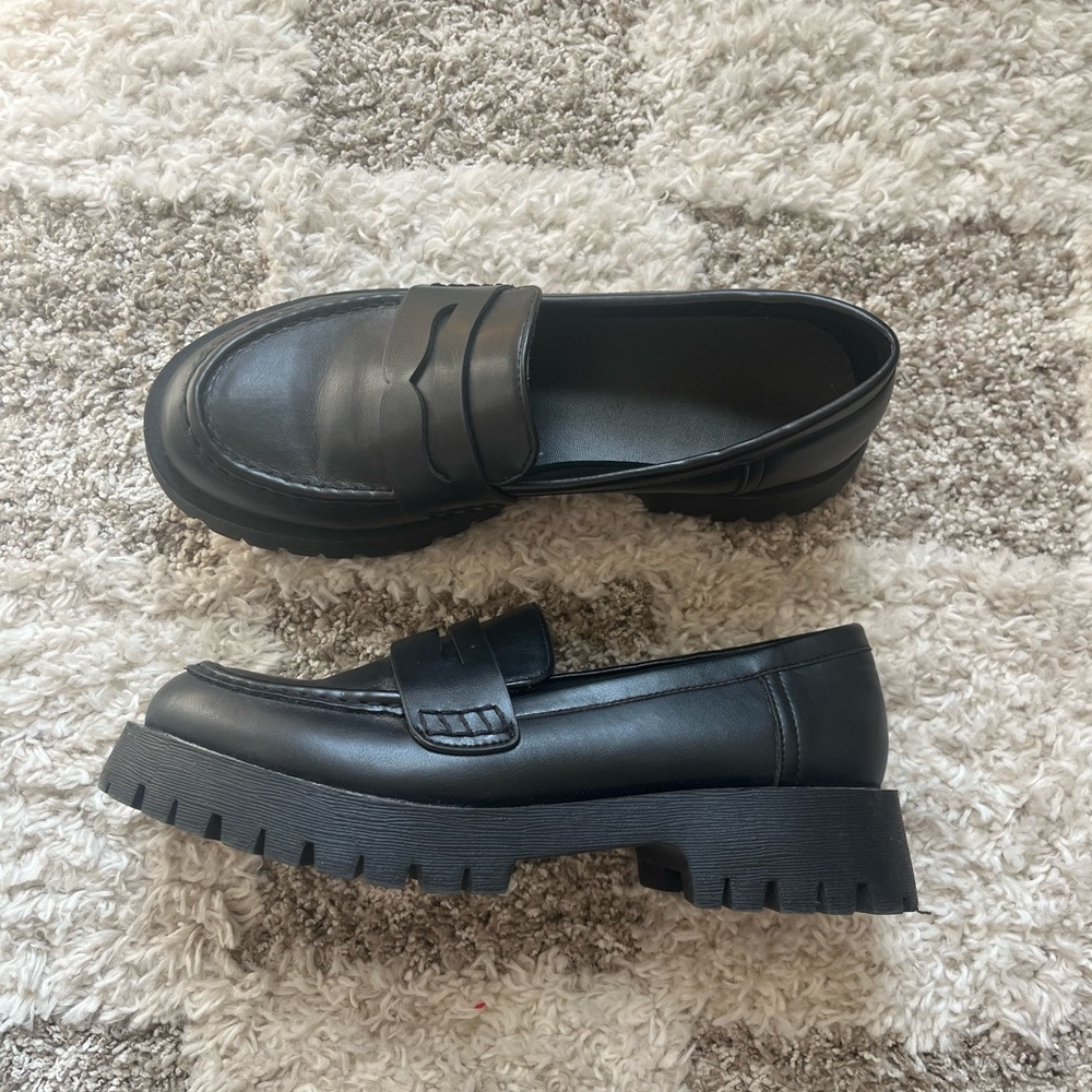 Chunky Black Leather Penny Loafers